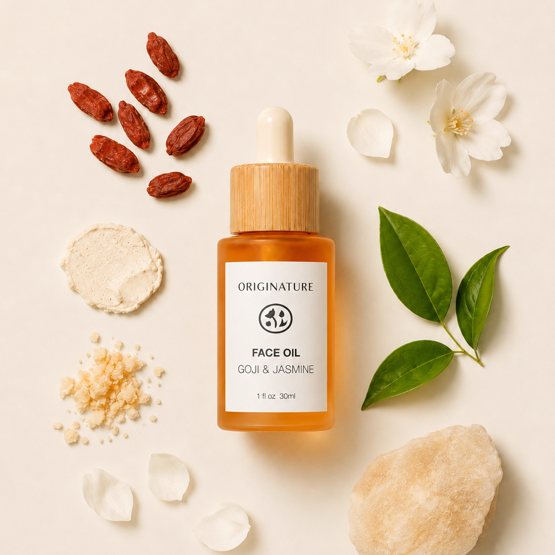 Originature face oil bottle with goji berries