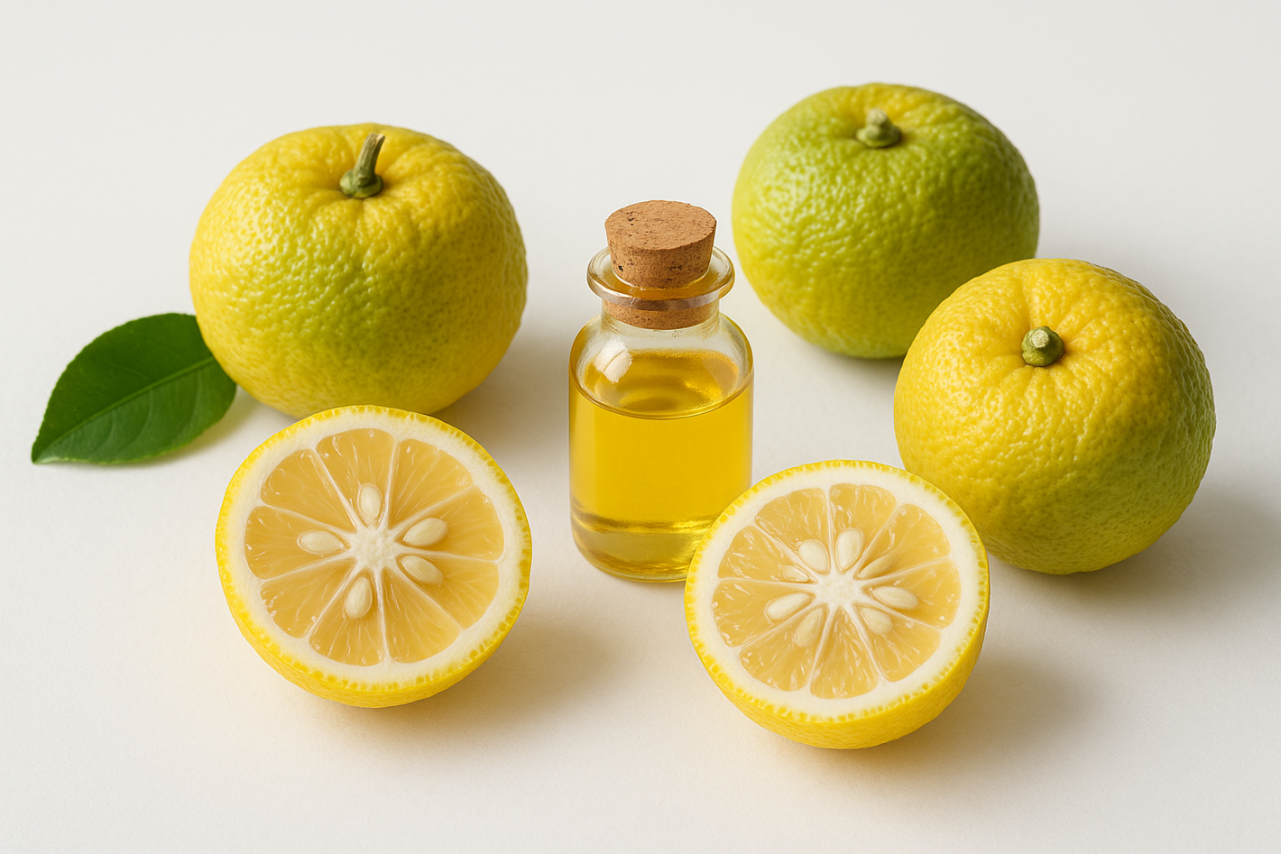 Yuzu and yuzu oil in the image with white background